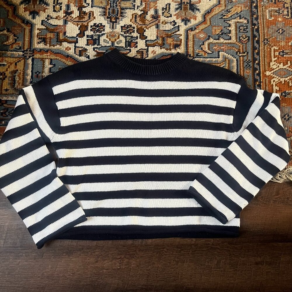 Velvet by Graham & Spencer Navy and White Striped Crew Neck Sweater